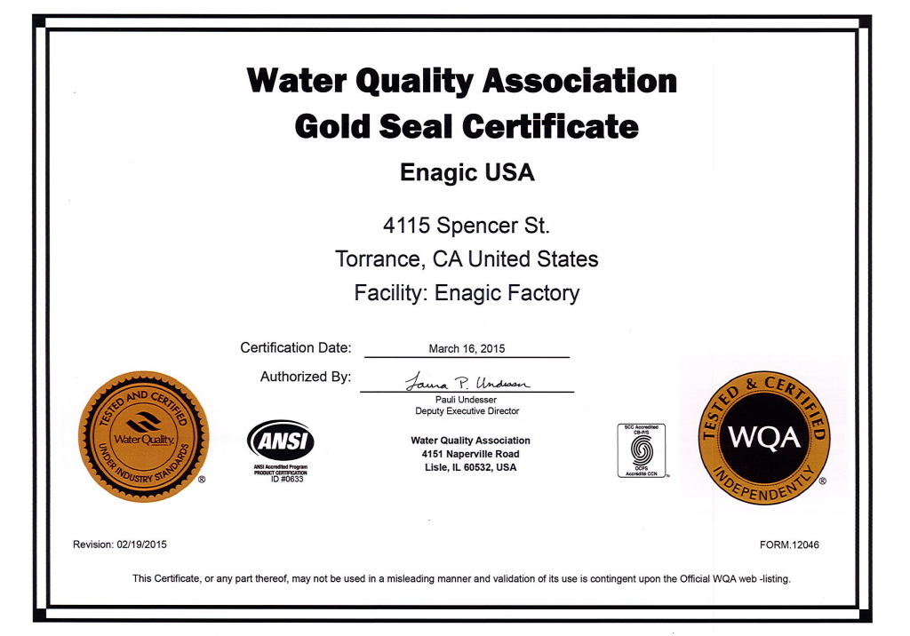 Enagic WQA Paper Certificate For Kangen Water Ionizers